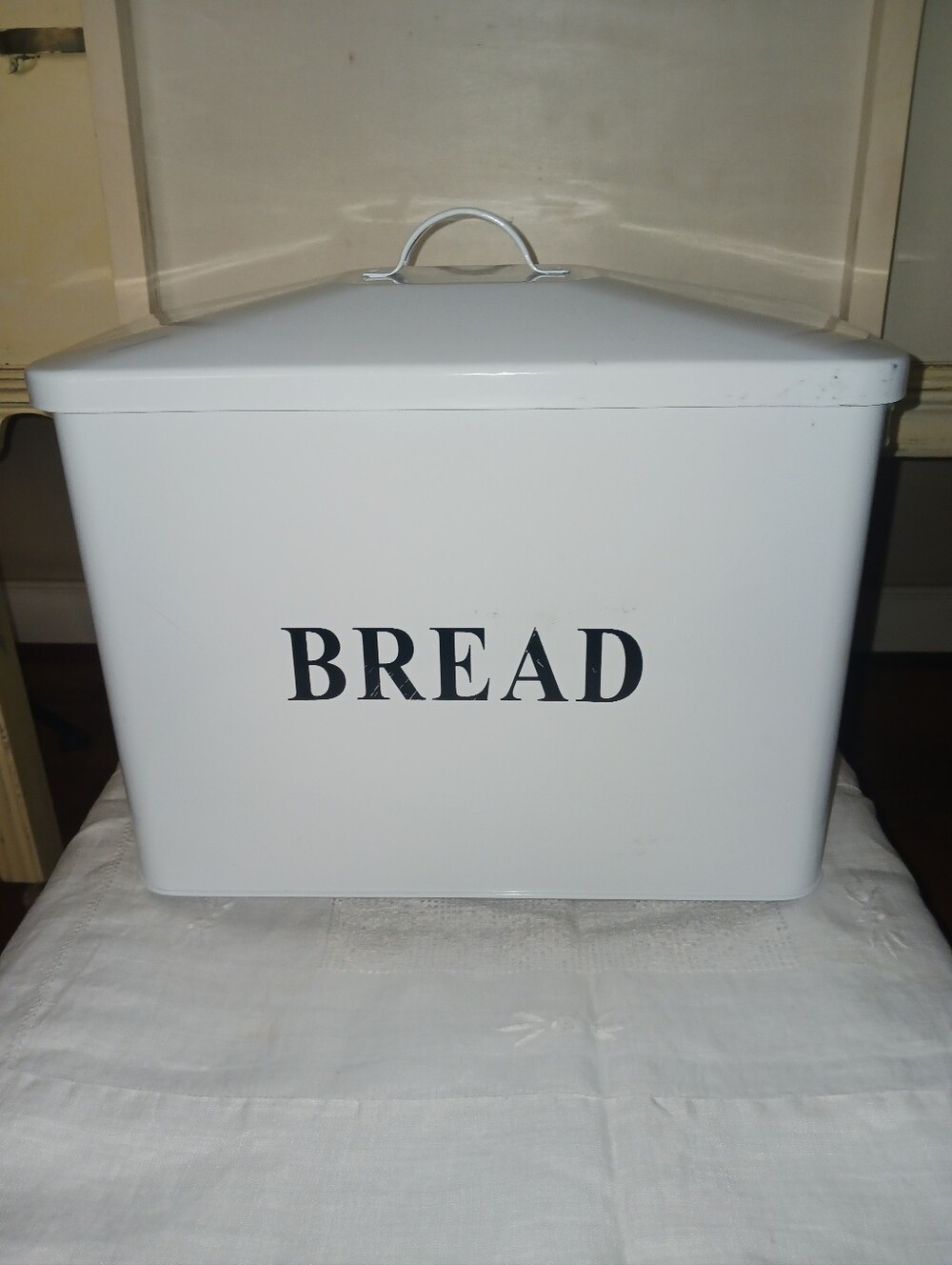 White Enamel Bread Box with Black Lettering